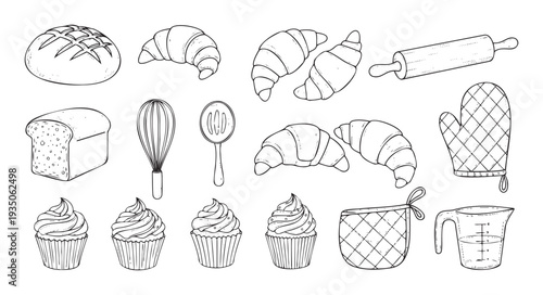 Hand drawn collection of baked goods and baking tools depicting delicious bread, flaky croissants, sweet cupcakes, whisk, rolling pin, and measuring cup for culinary themes.