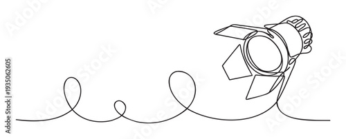 Dynamic single line drawing of a professional studio spotlight or stage lighting equipment with a flowing cable creating a visual pathway ideal for media and entertainment production