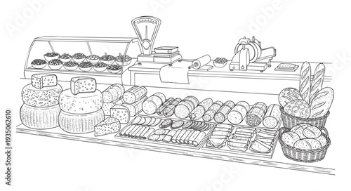 Traditional deli counter offering an abundant selection of gourmet cheeses, various cured meats, fresh baked breads, and olives, perfect for food industry advertisements or grocery store