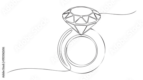 Elegant continuous line drawing of a sparkling diamond engagement ring symbolizing everlasting love, commitment, and luxury for wedding invitations, jewelry advertisements, or anniversary