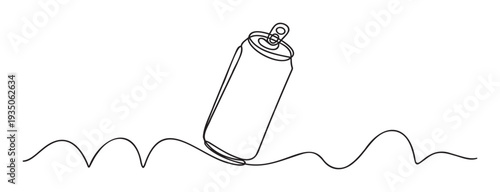 Elegant continuous line drawing capturing an aluminum drink can with a pulled tab on a flowing line, suitable for sustainable product branding and simple web graphics.