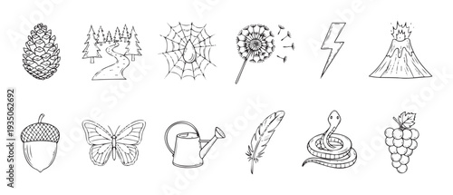 Engaging hand drawn outline illustrations depicting a diverse range of natural elements and outdoor objects perfect for educational resources, creative projects, and charming graphic