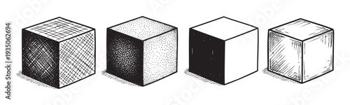 Hand drawn collection of rectangular blocks demonstrating various shading techniques including crosshatching stippling and dark fill useful for graphic design projects or drawing education.