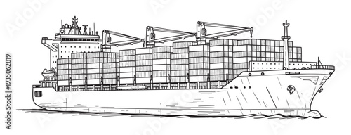 A detailed line drawing showcasing a large modern container ship fully loaded with numerous cargo containers navigating the open sea, useful for educational content, business presentations,