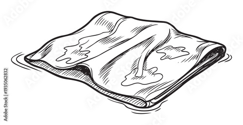 Handdrawn sketch of a folded cleaning cloth with liquid splatters, useful for illustrating hygiene, household chores, laundry, spills, or mess in educational materials and advertising