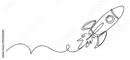 A flowing single line drawing representing a rocket taking off into space symbolizing business startup innovation growth and successful project launch ideal for technology or educational