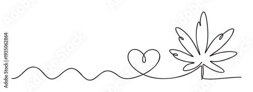 Minimalist continuous line drawing depicting a heart and a cannabis leaf connected by a flowing wave, perfect for wellness promotions, lifestyle brands, or medical marijuana awareness