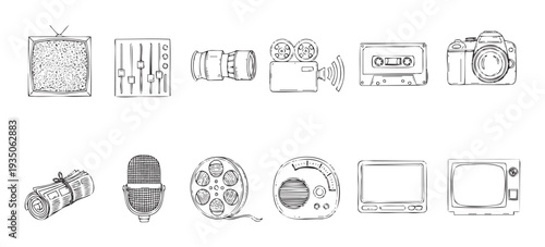 A diverse array of media and communication equipment, including classic televisions, film cameras, audio gear, microphones, and newspapers, suitable for technology presentations and