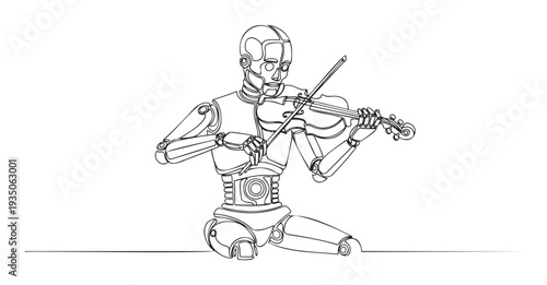 A sophisticated humanoid robot is elegantly playing a classical violin, symbolizing the fusion of advanced technology with the timeless beauty of musical performance, ideal for future tech,