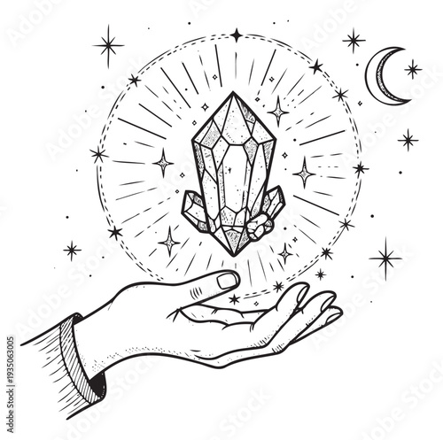Mystical hand presenting a glowing crystal cluster surrounded by celestial stars and a crescent moon, ideal for spiritual wellness products or magicthemed media.