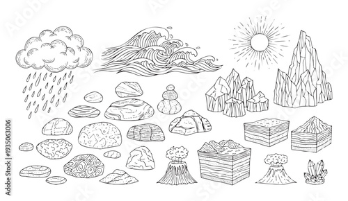 Handdrawn natural and geological elements set depicting weather, ocean waves, sun, rocks, mountains, earth layers, volcanoes, and crystals, useful for educational content and graphic design.