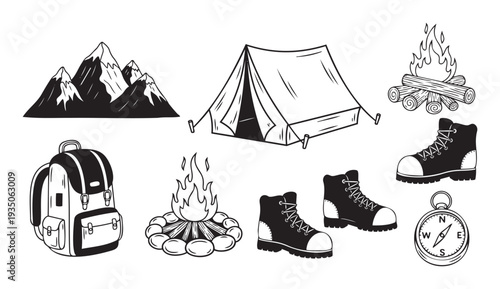 Outdoor adventure and wilderness exploration symbols featuring mountains, tent, campfire, backpack, hiking boots, and compass for travel and nature inspired graphic designs