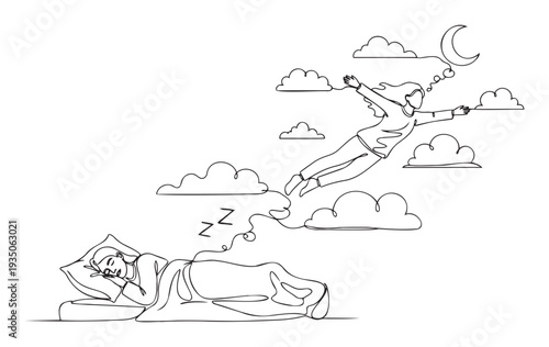 Woman peacefully sleeping and experiencing a vivid dream where she is flying through the clouds towards the moon, perfect for illustrating relaxation and subconscious journey concepts.