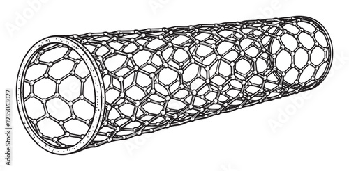 Detailed molecular structure diagram of a carbon nanotube, essential for illustrating advanced nanotechnology concepts in scientific research, engineering, and educational materials.