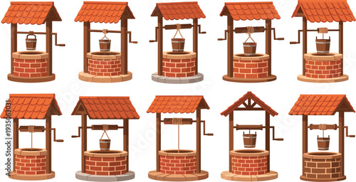 Traditional Water Wells Collection with Bucket Rope and Wooden Roof Rustic Village Well Architecture Set Cartoon Vector Illustration