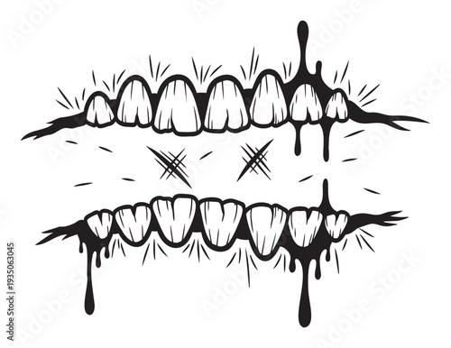 Gothic style zombie mouth showing jagged teeth and gory drips ideal for horror themed merchandise or scary event promotions