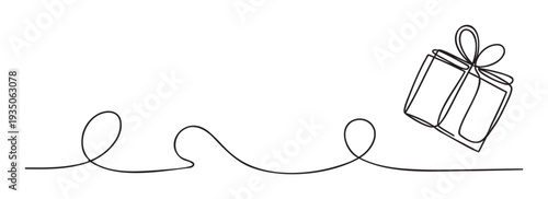 A flowing minimalist single line connects to a charming gift box with a ribbon bow, symbolizing a journey to a special celebration or surprise, perfect for event invitations and festive