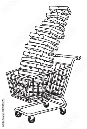 A large stack of pizza delivery boxes overflowing from a shopping cart, symbolizing excessive takeout orders, consumer behavior, or fast food convenience for various commerce themes