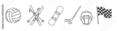 A diverse collection of handdrawn sports equipment and a racing flag perfect for athletic event promotions, fitness club graphics, and sporting goods advertisements