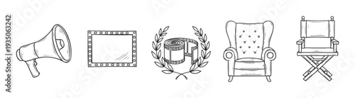 Filmmaking equipment and awards doodle collection featuring megaphone, film frame, film reel, and director chairs for media production and cinema industry promotions