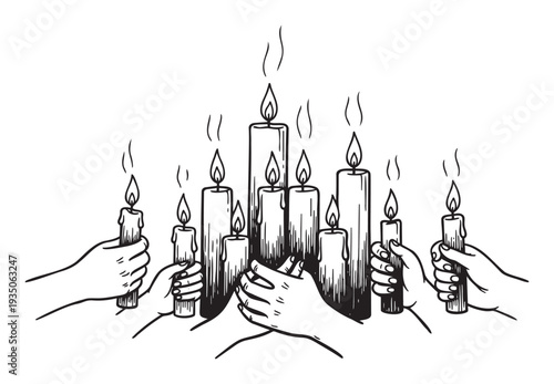 A gathering of hands holding lit candles with smoke rising creates a powerful symbol of hope, remembrance, and shared experience for various spiritual or commemorative purposes