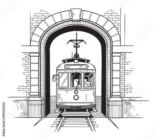 Classic vintage streetcar emerging from an old brick archway tunnel, ideal for historical urban transportation projects, travel publications, and various print applications