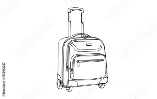 A minimalist continuous line drawing of a sleek rolling suitcase with an extended handle, symbolizing convenient travel and exploration, ideal for a journey planning application or a