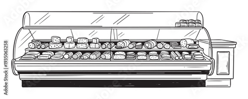 A classic deli display case filled with a variety of sliced meats, sausages, and cheeses presented neatly for purchase at a grocery store or market butcher shop.
