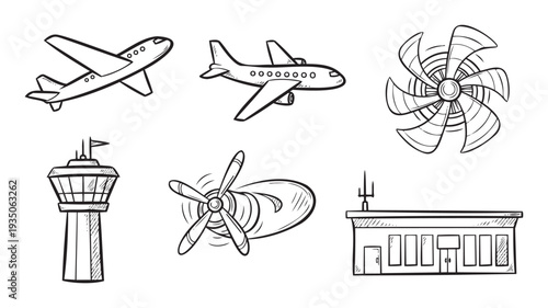 Hand drawn doodle style aviation collection featuring airplanes, an air traffic control tower, an airport terminal, and propellers useful for travel, transportation, and educational