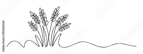 Single line drawing depicting a field of wheat or barley, symbolizing growth and agriculture, perfect for organic food packaging, farming brochures, or natural product branding.
