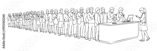 A long queue of diverse individuals patiently waiting for service, with many engaging with their smartphones while standing in line for various customer assistance needs