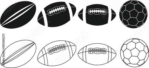 Set of Black Silhouette and Detailed Line Art Vector Illustrations of American Football Rugby and Soccer Balls for Sports Fitness and Athletic Designs