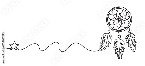 Minimalist continuous line drawing of a dreamcatcher with a leading star and graceful feathers evoking peaceful sleep and positive energy ideal for spiritual wellness branding or
