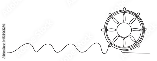 Continuous line drawing of a ships helm and ocean waves symbolizing navigation and journey, ideal for travel, maritime, or businessrelated visual communication