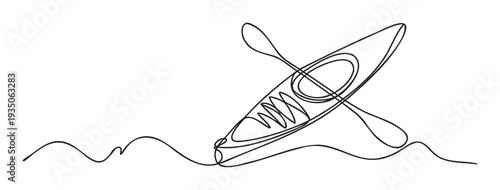 Minimalist continuous line drawing of a kayak with a paddle on water, perfect for logos, adventure sport branding, outdoor activity promotions, or active lifestyle graphic designs.