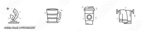 Line icons representing daily comfort items including a fresh potted plant, a warm beverage mug, a takeaway coffee cup, and a clean bathroom towel, ideal for modern lifestyle graphics and