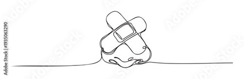 Continuous line drawing of two crossed adhesive bandages symbolizing silence or healing, perfect for medical, mental health, or communication presentations.