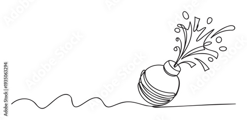Energetic continuous line drawing illustrating a spherical object erupting with a dynamic splash, ideal for engaging visual content, event promotions, or modern graphic design projects.