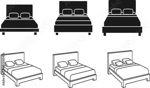 Set of Black Silhouette and Detailed Line Art Vector Illustrations of Modern Double Beds for Interior Design Bedroom Furniture and Home Decor Projects