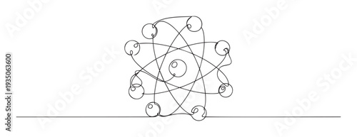 A minimalist single line drawing of an abstract atomic structure with orbiting electrons representing science, technology, and quantum physics for educational materials, scientific