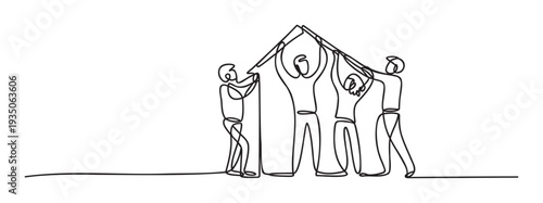 This continuous line drawing depicts a diverse group of people collectively raising their arms and bodies to form a symbolic house, representing strong teamwork and collaboration for