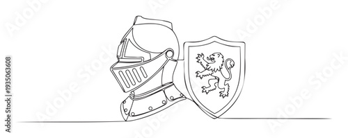 A minimalist one line drawing of a medieval knight helmet and a shield with a heraldic lion, suitable for historical, protection, or achievement themed graphic projects