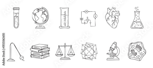 A comprehensive collection of hand drawn scientific and educational icons for academic presentations, learning materials, and laboratory themed projects and curriculum