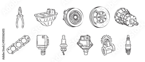 Collection of diverse automotive spare parts and mechanic tools outlined in a technical drawing style for repair shop advertisements and engineering diagrams