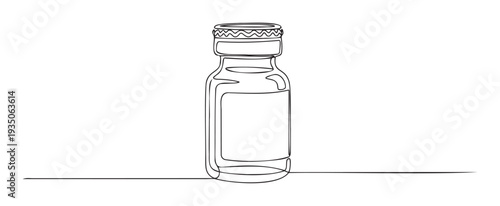 A simple continuous line drawing portraying a generic medicine vial with a secure cap and blank label, ideal for healthcare industry marketing, pharmaceutical packaging mockups, or
