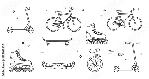 A collection of outline icons featuring various personal transportation methods like scooters, bicycles, roller skates, skateboards, unicycles, and sleds, ideal for active lifestyle and