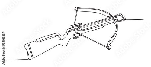 Continuous line drawing of a crossbow, a powerful projectile weapon used for hunting or target practice, perfect for graphic design and historical themed projects