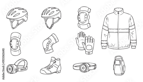 Collection of outdoor and sports safety gear line illustrations including helmets pads jacket gloves headlamps boots and backpack for active lifestyle and adventure designs
