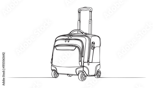 Continuous line drawing of a rolling suitcase with an extended handle and multiple compartments, perfect for travel, business trips, or educational use.