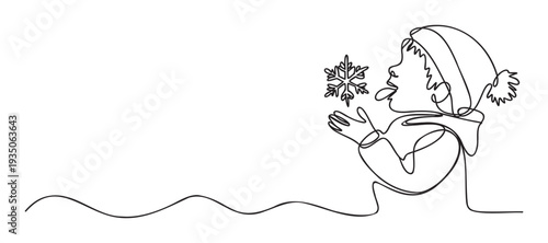 Continuous line drawing of a happy child wearing a winter hat, catching a snowflake with an open mouth, perfect for holiday greetings and seasonal promotions